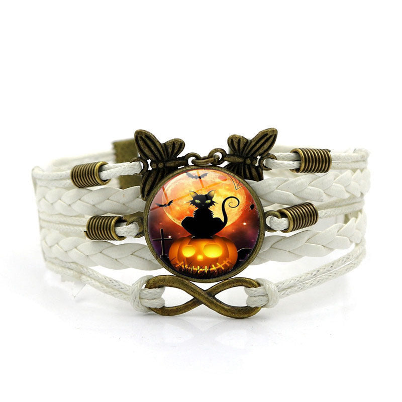 Wholesale of New Halloween Black Cat Time Gemstone Butterfly 8-character Alloy Bracelet